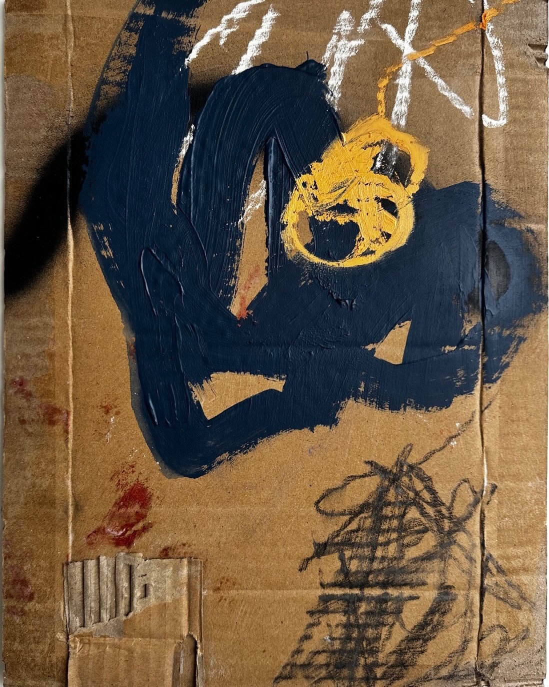 Three on cardboard; spray paint, pencil, pastel, acrylic, pigment stick; 15 x 11 inches.