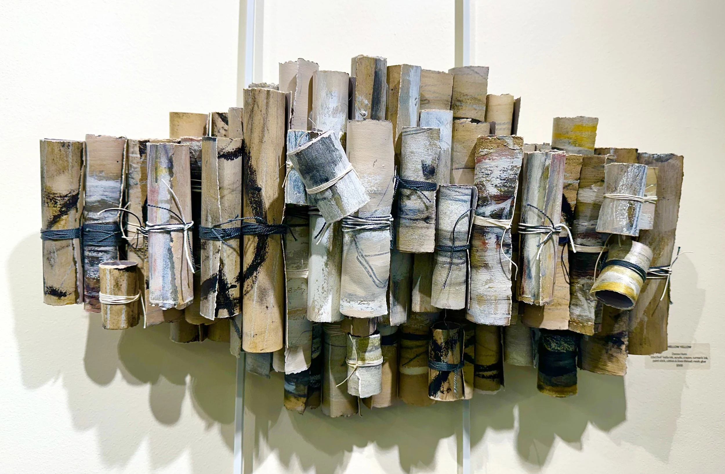 "Mellow Yellow"
India ink, acrylic, crayon, tumeric, paintstick on paper, cotton & linen threads, mesh, glue.
15" x 20" x 4"