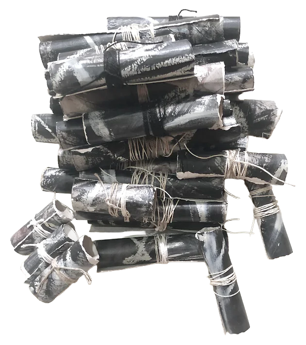 Scroll #6 "Either Black or White"
Acrylic, ink, crayon on paper, linen and cotton threads
10" x 9" x 4"