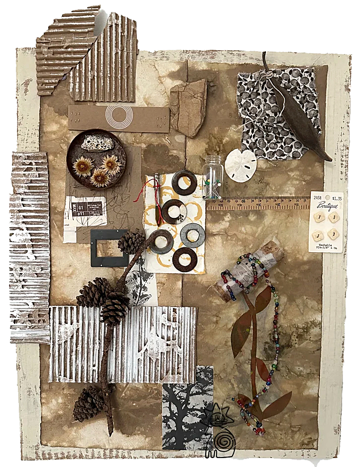 Studio Miscellany #2
Cardboard, ecoprint, pinecones, pod, buttons, jar, rock, washers, vintage cloth, wire, beads
21.5 x 17 inches