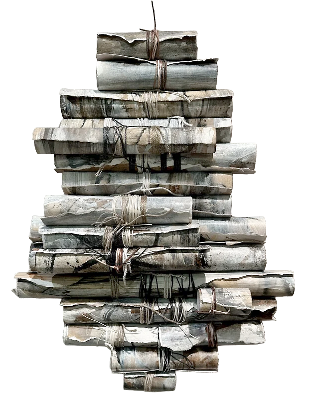 Scroll #7 "Grayish"
Inks, gesso, pencil, crayon, linen & cotton threads
13" x 10" x 2.5''