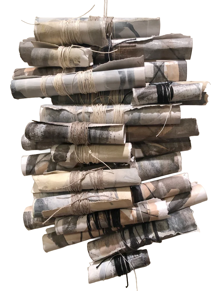 Scroll #2  "Neutral Territory"
Ink, acrylic, gesso, pencil on paper, linen and cotton threads
14" x 9" x 2"