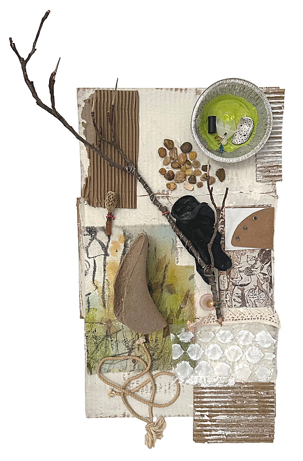Studio Miscellany #1
Cardboard, canvas, rope, twig, stones, lace, bubblewrap, glove
21 "x 12" 