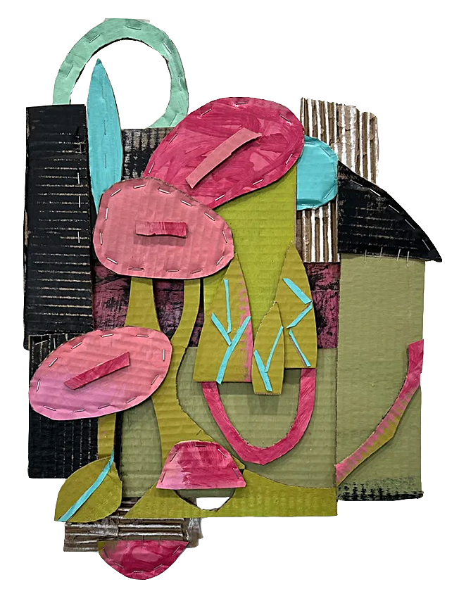                              Anthurium
 Acrylic paint on cardboard, old drawing, staples; 20 x 14.5 inches.