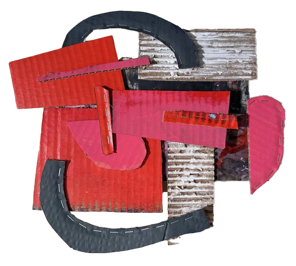 Red Rave
Acrylic paint on cardboard, old drawing, staples
12 x 13 inches