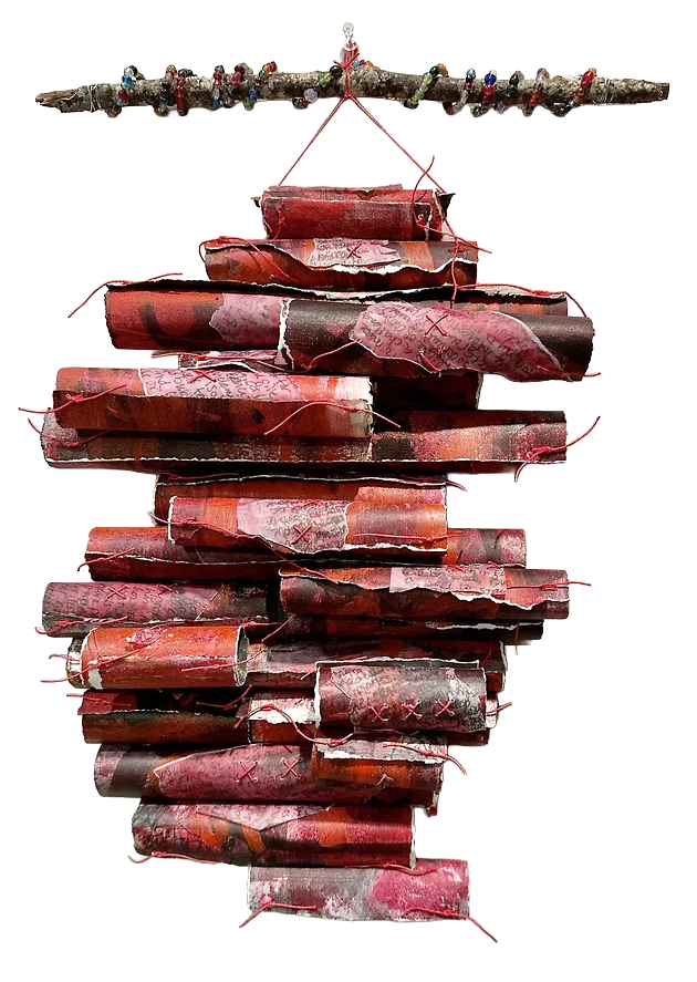 Scroll #8 "Written in Red"
Acrylic, ink, gesso, paint stick on paper, photocopied journal pages on parchment, linen thread, stick, beads,  wire
14" x 11" x 4"