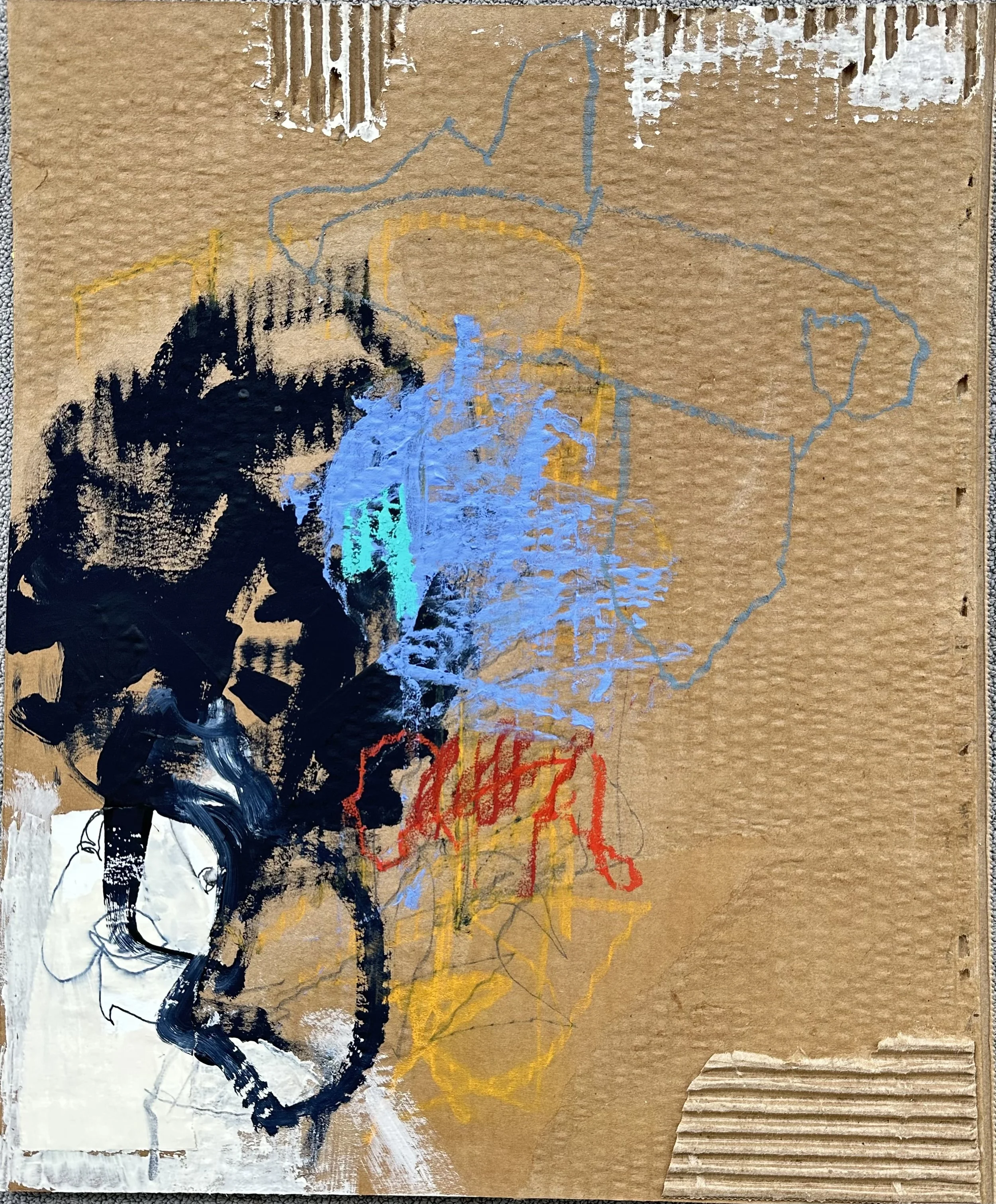 MMoC#4
Acrylic, collage, oil pastel, pencil, paint stick on cardboard
18 x 15"