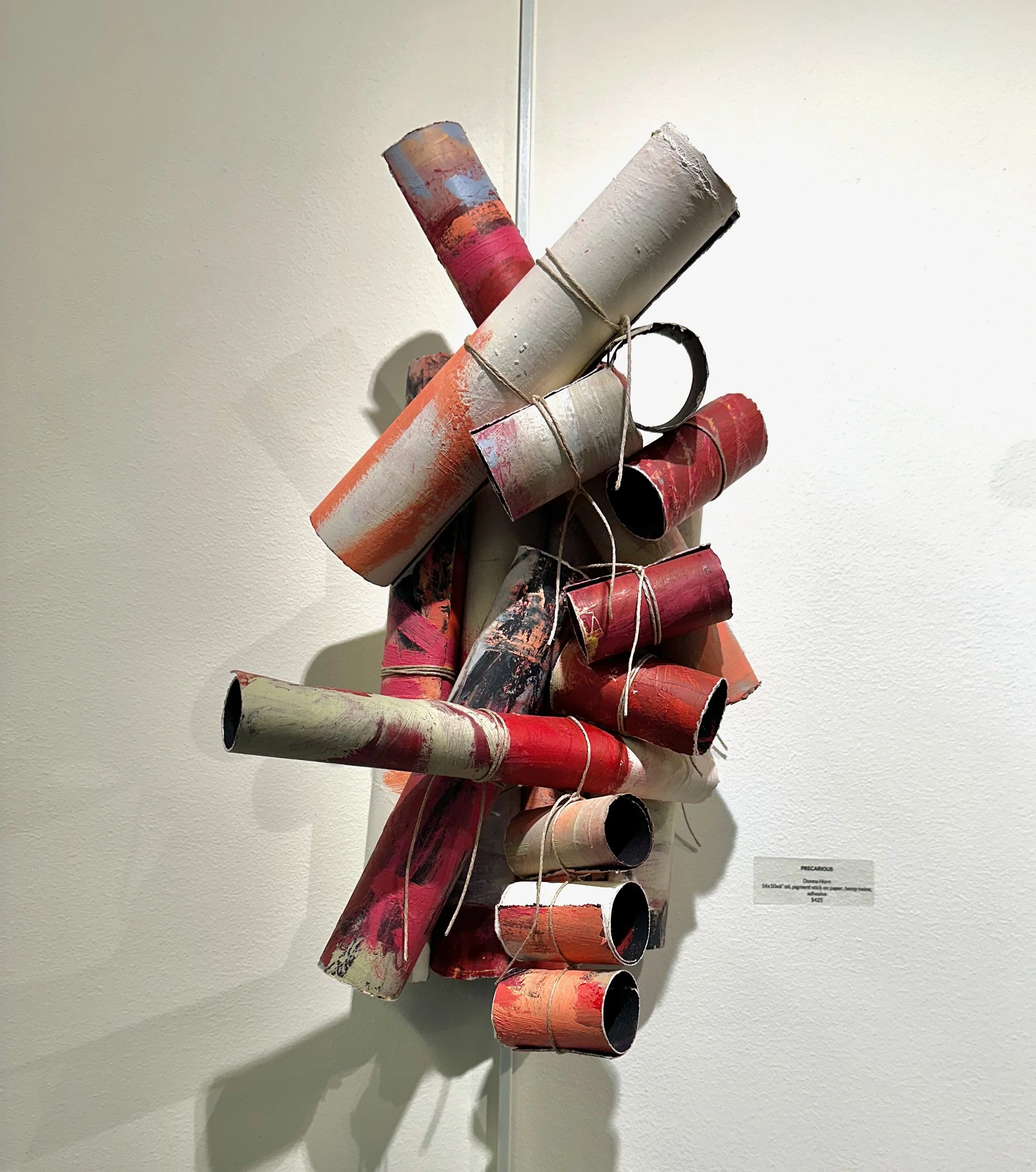 Precarious
Oil, pigment stick on paper, hemp twine, adhesive
19" x 12" x 5"
