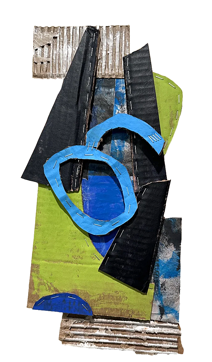                Green Space
Acrylic paint on cardboard, old drawing, staples, 16 x 7.5 inches