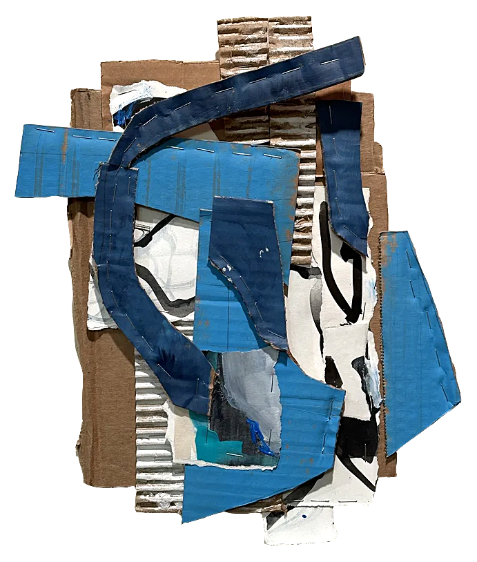 Blue Scramble
Acrylic paint on cardboard, old drawing, staples.  14 x 9 inches.
