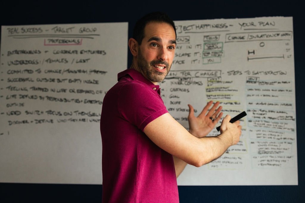 A man posing for his personal branding photoshoot, standing confidently in front of a whiteboard with a pen