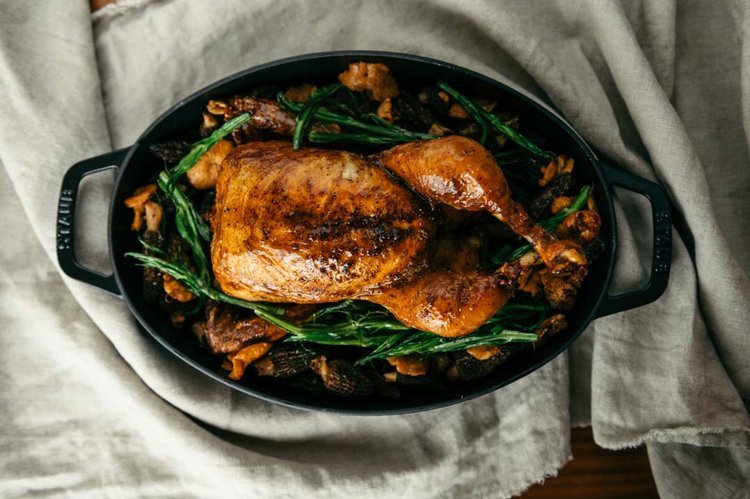 Roasted chicken with asparagus and mushrooms, captured by a food photographer in Portland. A delicious and savory dish.jpg