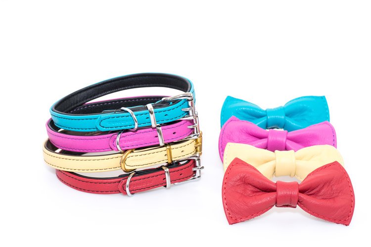 Colorful leather dog collars with bow ties, perfect for stylish pups. Captured by an e-commerce product photographer.jpg