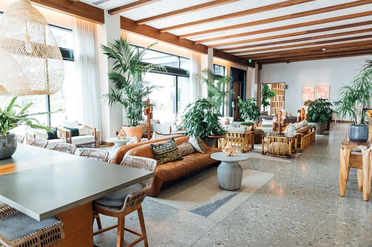 The hotel lobby features an abundance of plants, creating a refreshing and vibrant atmosphere, the best place for interior photography.jpg