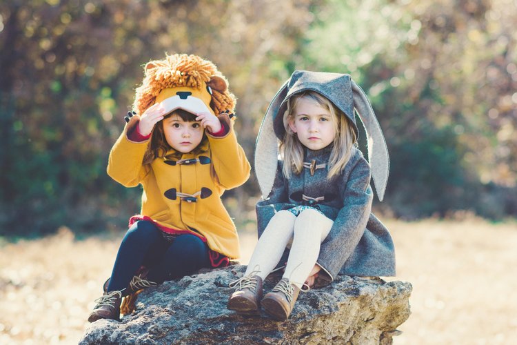 Two little girls in animal costumes sitting on a rock, captured by a child photographer in Portland.jpg