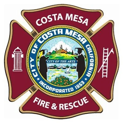 Costa Mesa Fire & Rescue badge featuring a fire hydrant, ladder, and city emblem with mountains and water, on a red cross background.