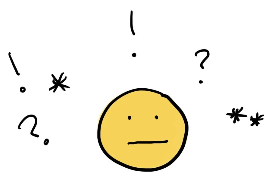 A yellow, round face with a neutral expression surrounded by question marks and asterisks, indicating confusion or pondering.
