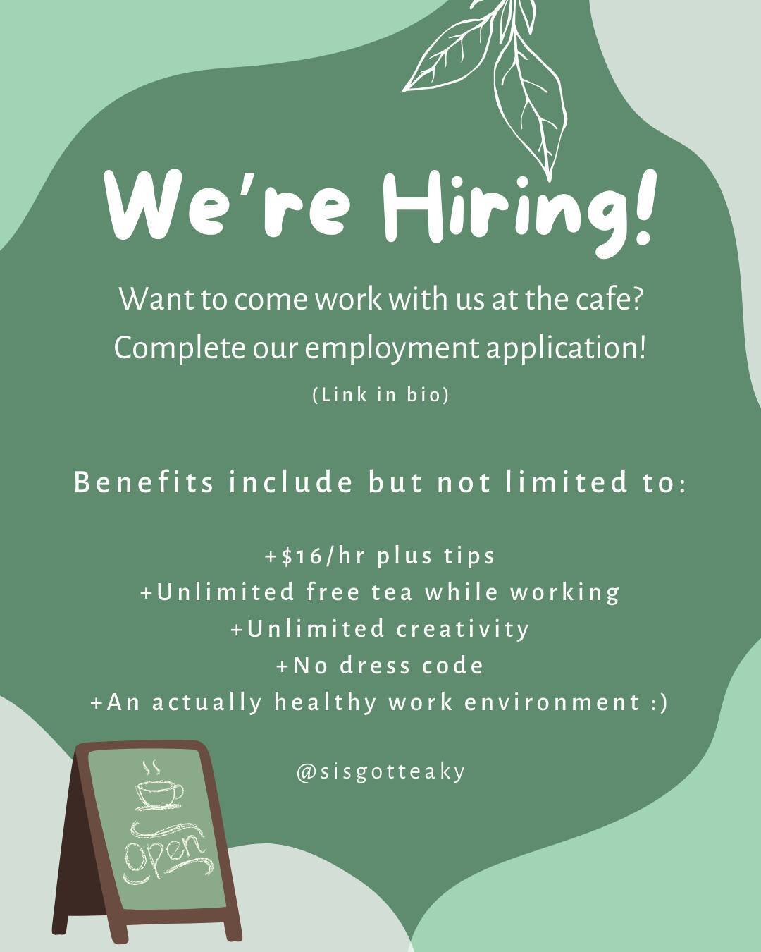 ☀ WE'RE HIRING! ☀⁣
⁣
We're so excited to invite some new members onto our incredible team. Want to work with us at the cafe? Fill out the employment application in the link in our bio! Black, POC, and LGBTQ+ individuals are strongly encouraged to app