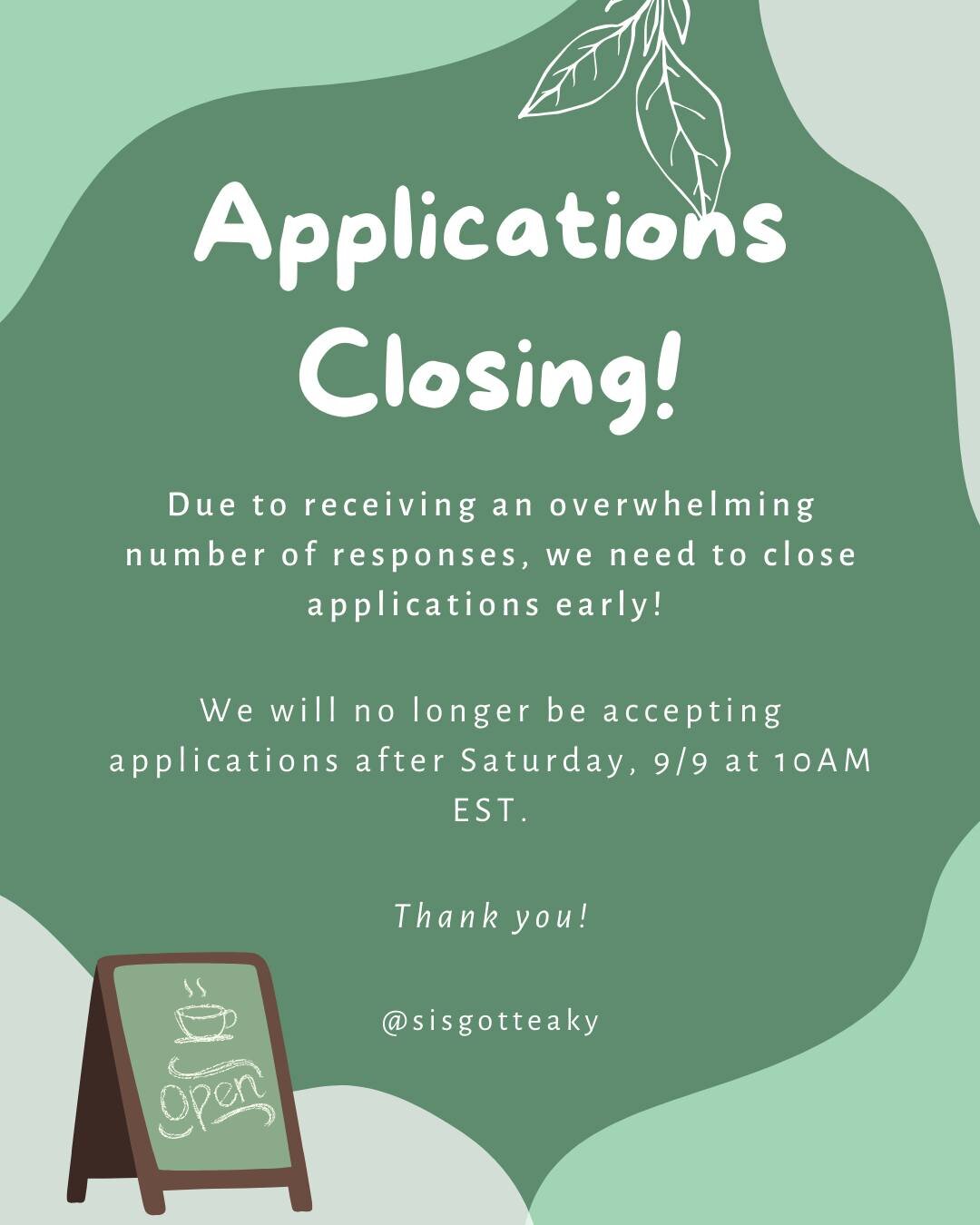 📃 APPLICATIONS CLOSING 📃

We've been absolutely overwhelmed by the incredible response to our job posting! Your enthusiasm and passion for what we do here at the cafe is truly inspiring. We're so grateful to have had so many wonderful members of th