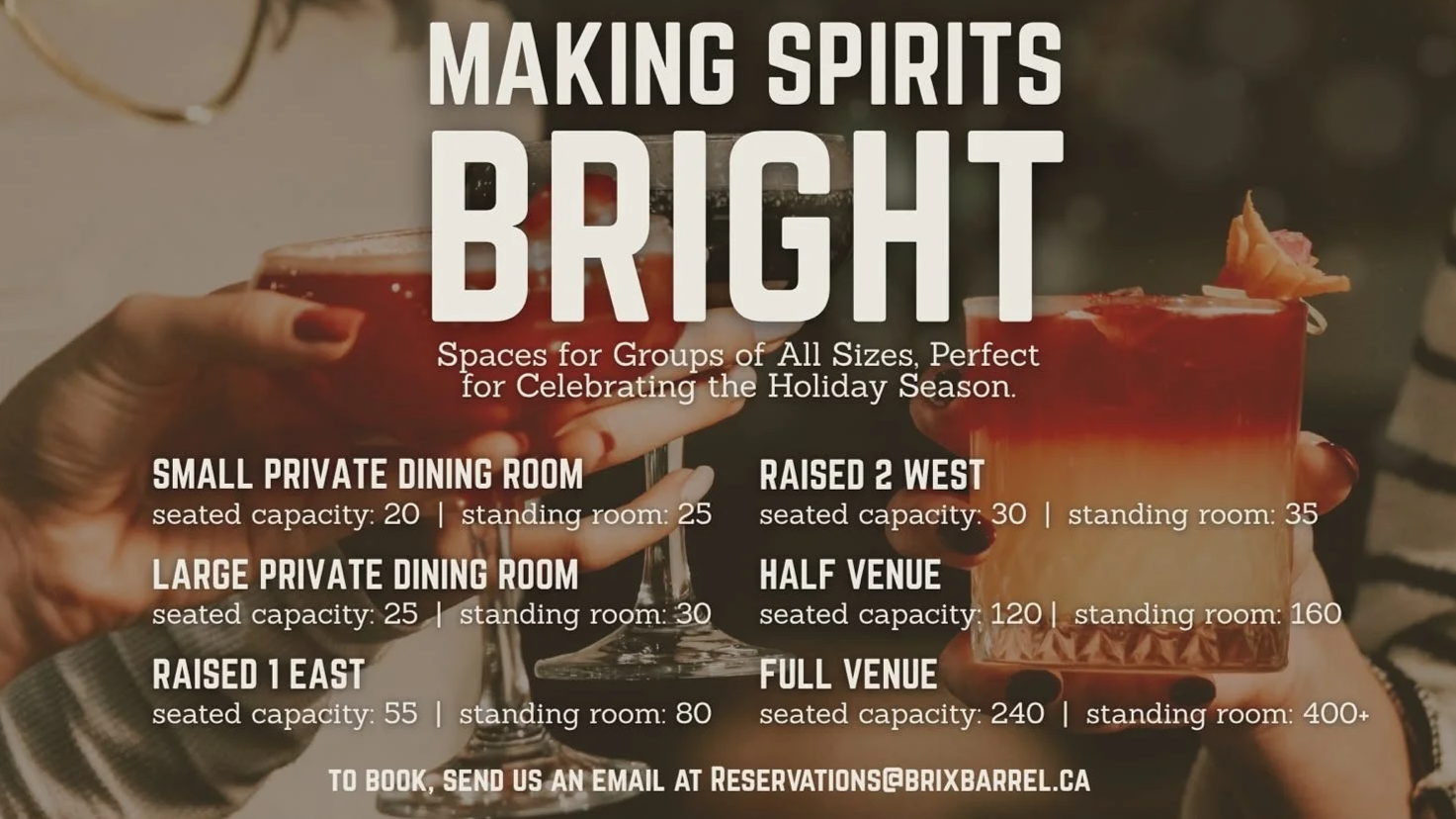 An advertisement for a venue offering spaces for private dinners and celebrations, featuring an image of two hands holding cocktails. The text details seating capacities for various room options and provides email contact for reservations.