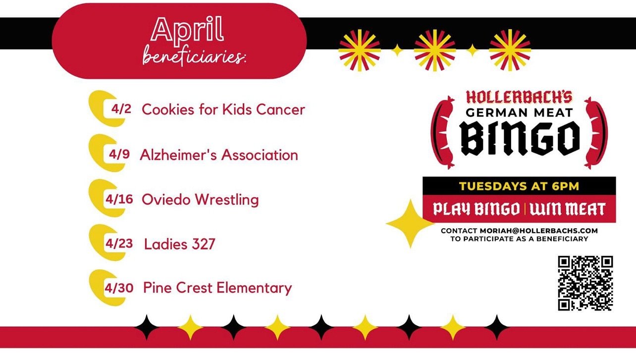𝐏𝐋𝐀𝐘 𝐌𝐄𝐀𝐓 𝐁𝐈𝐍𝐆𝐎 𝐓𝐎𝐍𝐈𝐆𝐇𝐓!

Finish the month of April with bingo! 

Perks: win meat and raise funds for charity! 

Bingo tonight will benefit Pine Crest Elementary. 
Games start at 6:30 and people are welcome to come around 6 to be 
