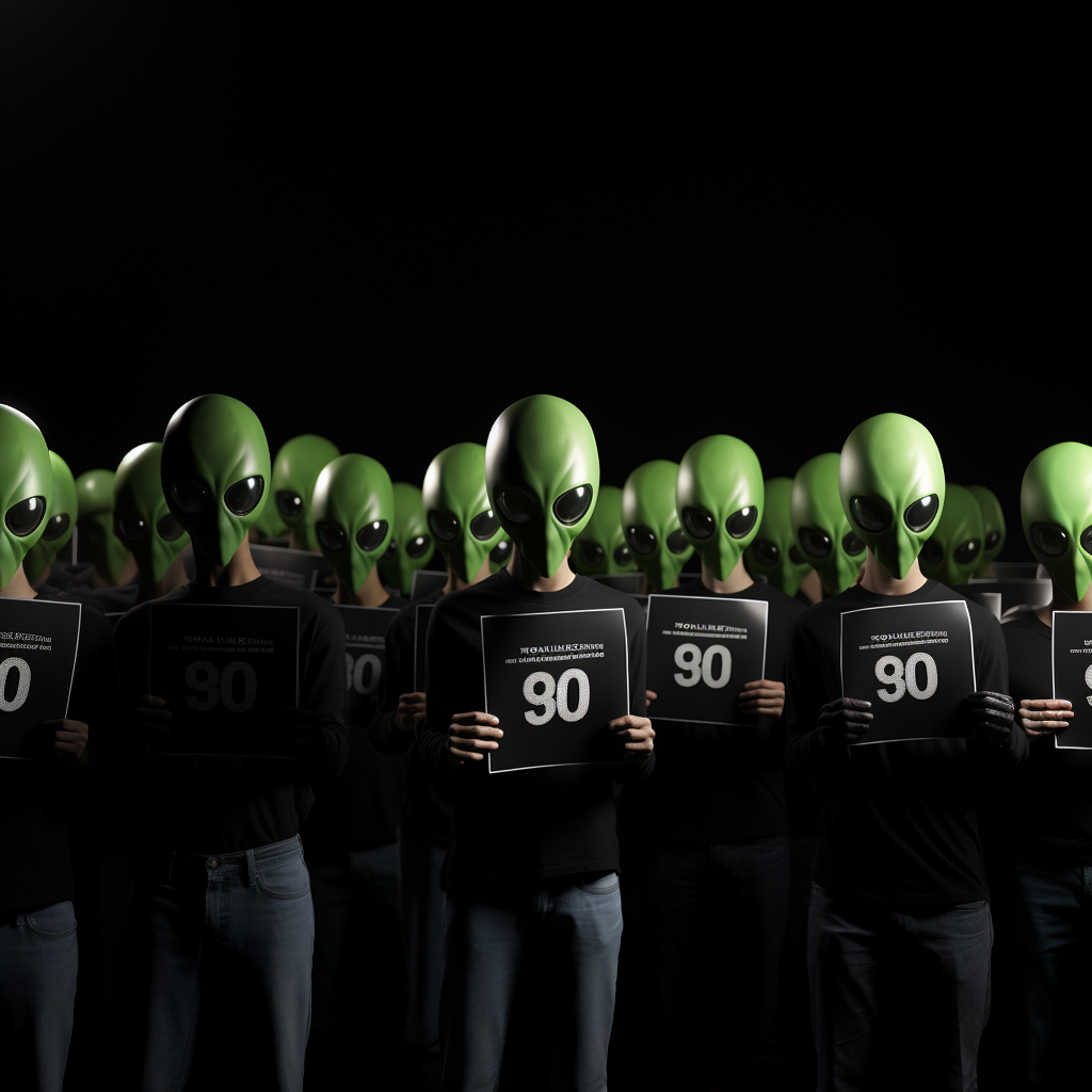 Group of people wearing green alien masks and black clothing, holding signs with the number 90, against a dark background.