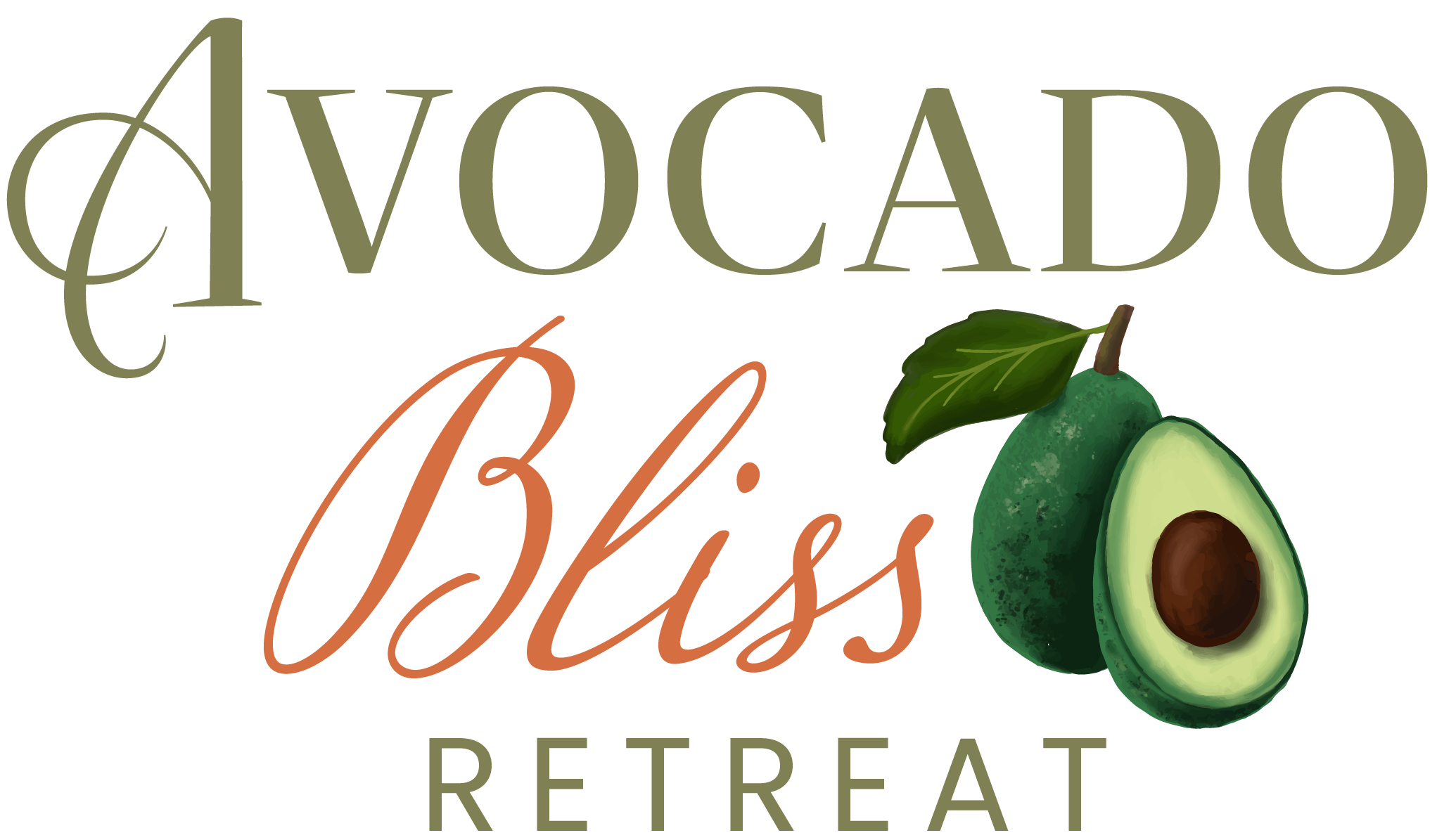 Illustration of a green avocado cut in half with a seed inside, placed in an open cardboard box with a green leaf nearby.