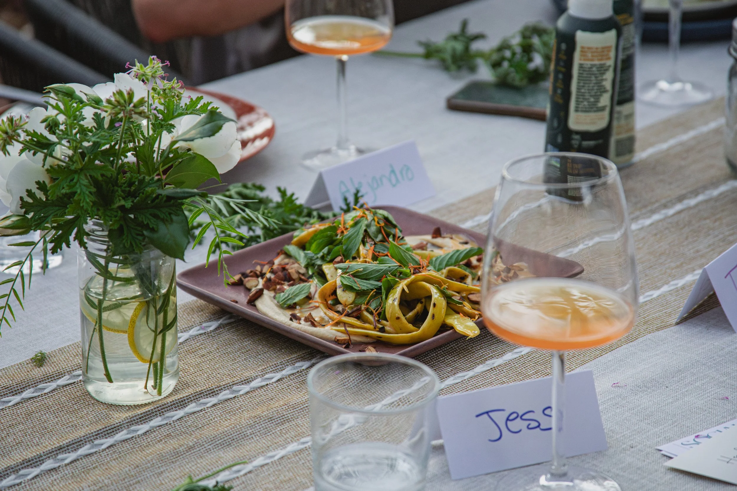farm-to-table food with nametag on table
