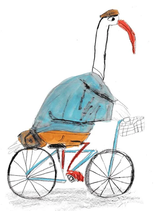 biking heron illustration