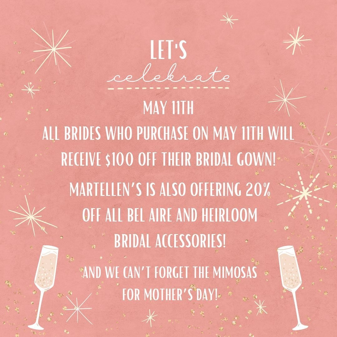 Let&rsquo;s celebrate this Mother&rsquo;s Day weekend! 
~ We&rsquo;re offering $100 off the purchase of your bridal gown if you purchase on May 11th and 20% off all @belairebridal and @heirloombridalcompany accessories on May 11th as well!! 
~ And we