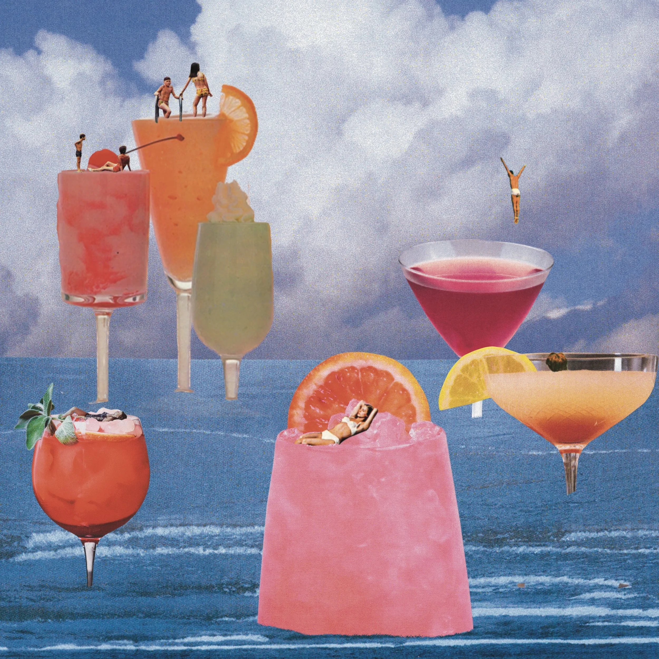 Surreal collage of various colorful cocktails with miniature people and a woman diving into a drink, set against a seascape background.