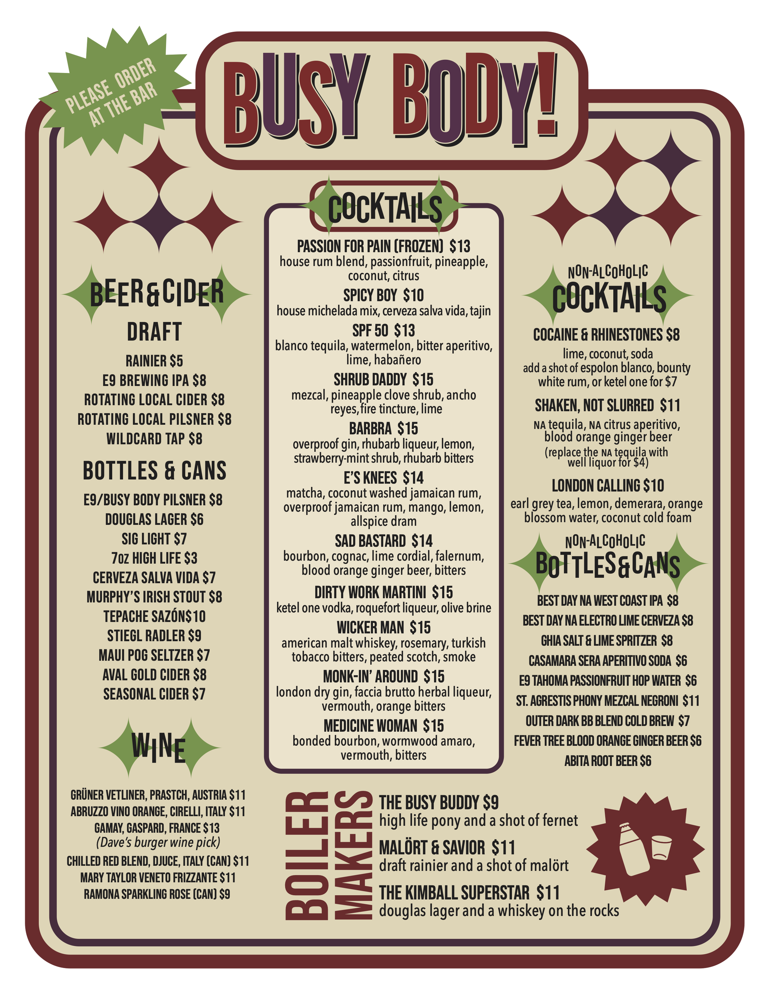 Drink Menu for Busy Body Beer, Seltzer, Cider, Cocktails, Wine, Non-Alcoholic, Local Beer, Local Spirits, Craft Cocktails, Mocktails, Zero Proof