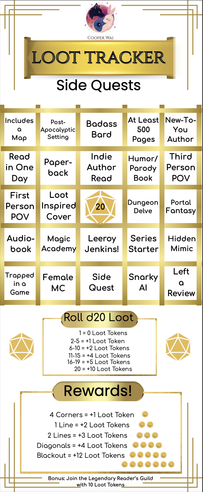 Book Bingo Side Quests and d20 loot token roll
