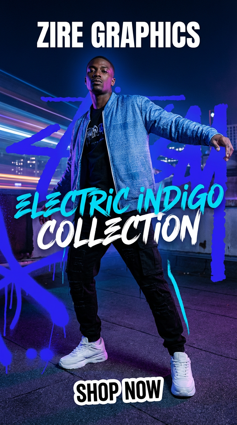 Promotional poster for the Electric Indigo Collection by Zire Graphics featuring a young man in a blue jacket and white sneakers, with city lights and neon graffiti in the background, encouraging viewers to shop now.