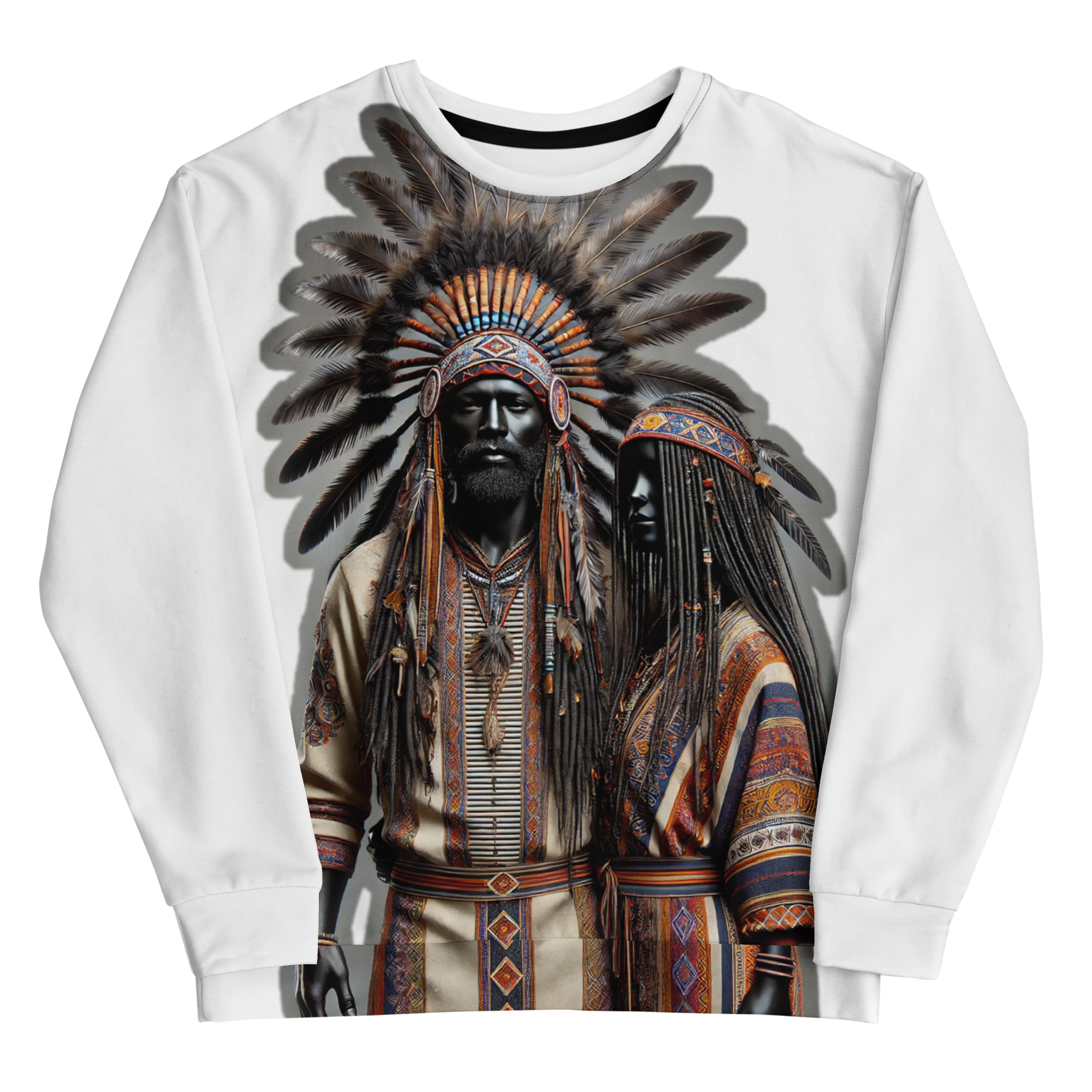 O.M.W.H. white sweatshirt, front side, by Zire Graphics featuring unified man and woman heritage-inspired artwork with detailed feathers and patterned garments.