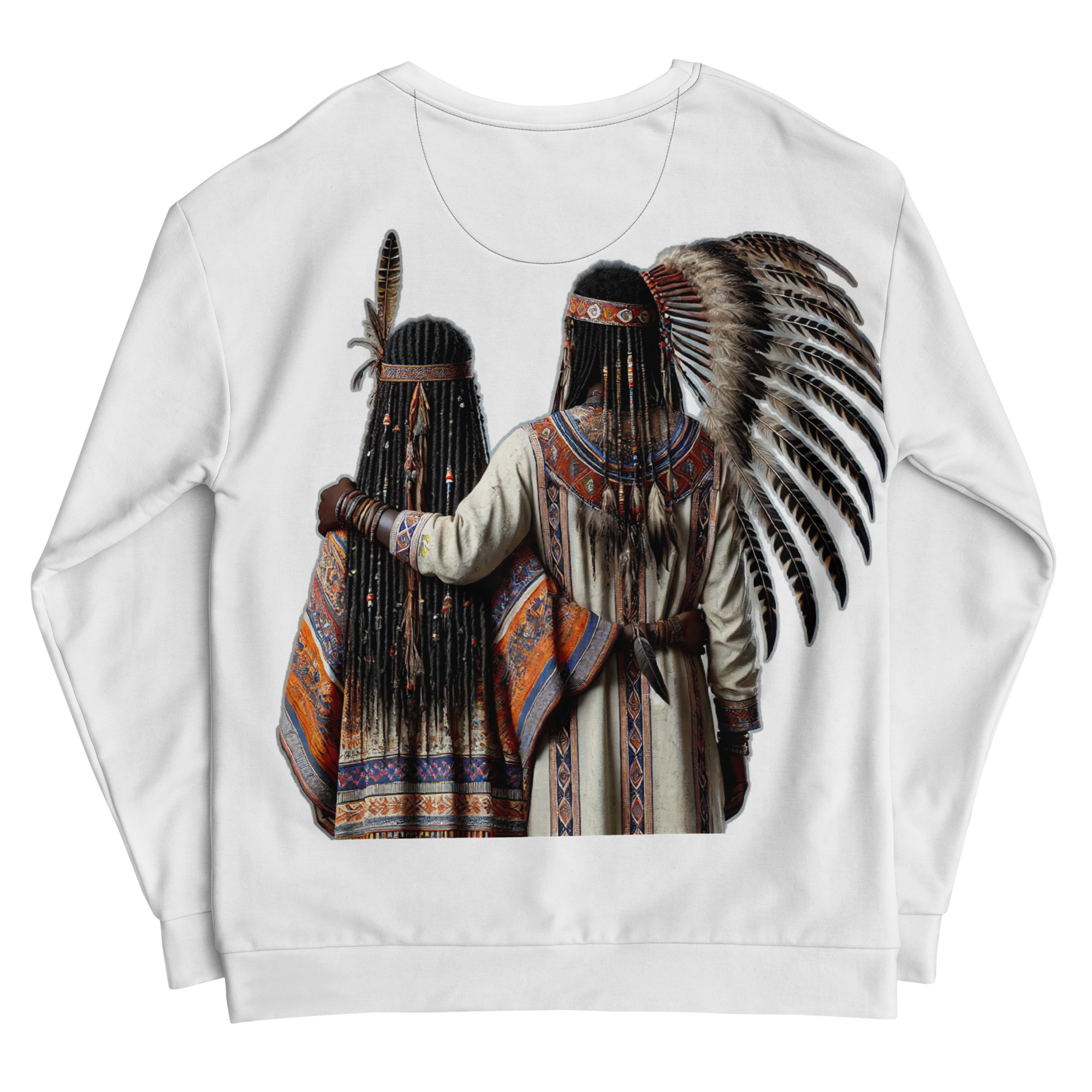O.M.W.H. white sweatshirt, back of shirt, by Zire Graphics featuring unified man and woman heritage-inspired artwork with detailed feathers and patterned garments.