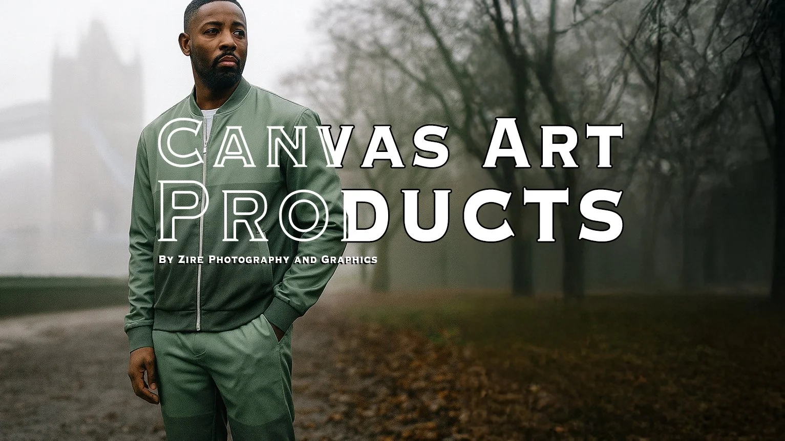 Man in green tracksuit standing outdoors on foggy day with trees in background, overlaid with text that reads "Canvas Art Products by Zire Photography and Graphics."