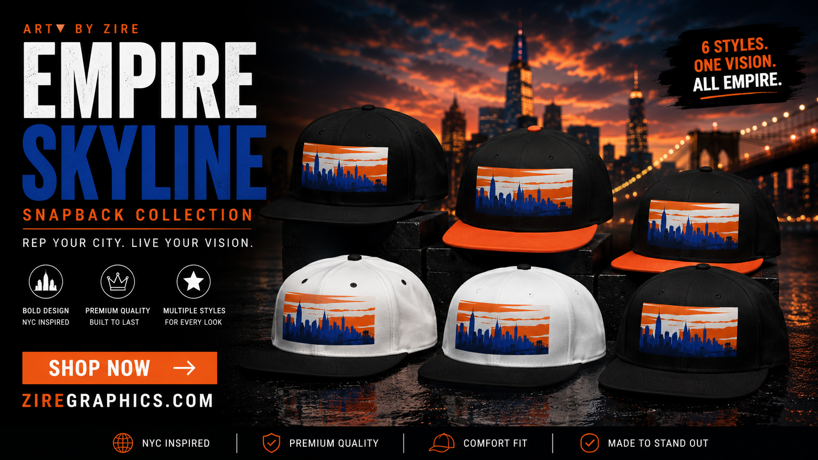 Skyline-themed snapback caps in black and white with cityscape graphic, displayed in front of a city skyline at sunset, promoting Empire Skyline snapback collection for city pride.