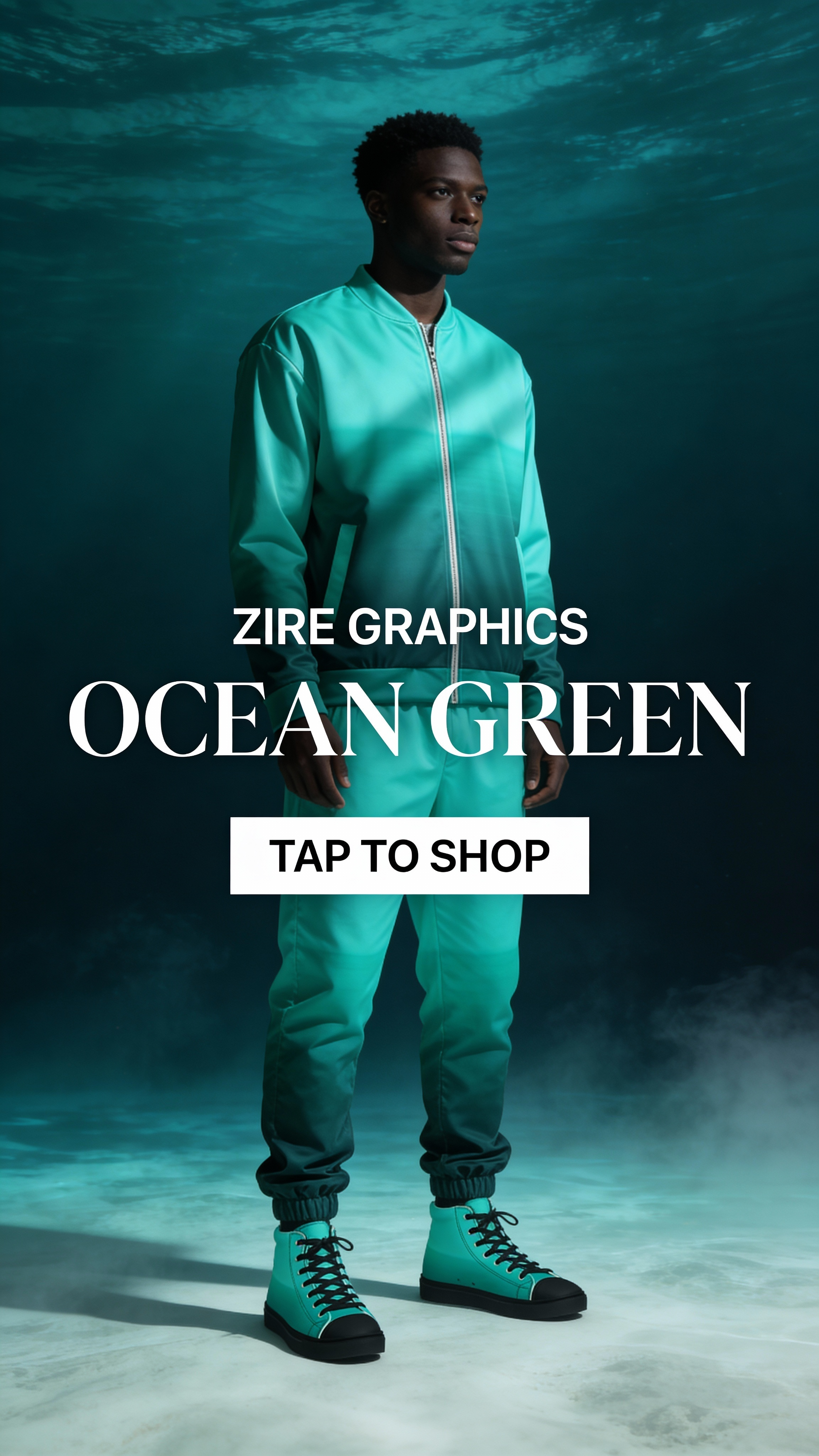 A young man is standing underwater, wearing a teal tracksuit and teal and black sneakers, with text overlay advertising Ocean Green Zire Graphics and a "Tap to Shop" button.