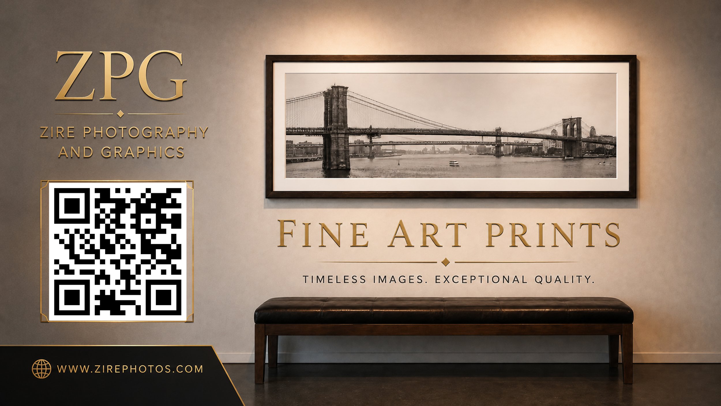 Framed panoramic New York bridge photograph displayed above a dark leather bench in a contemporary gallery interior.