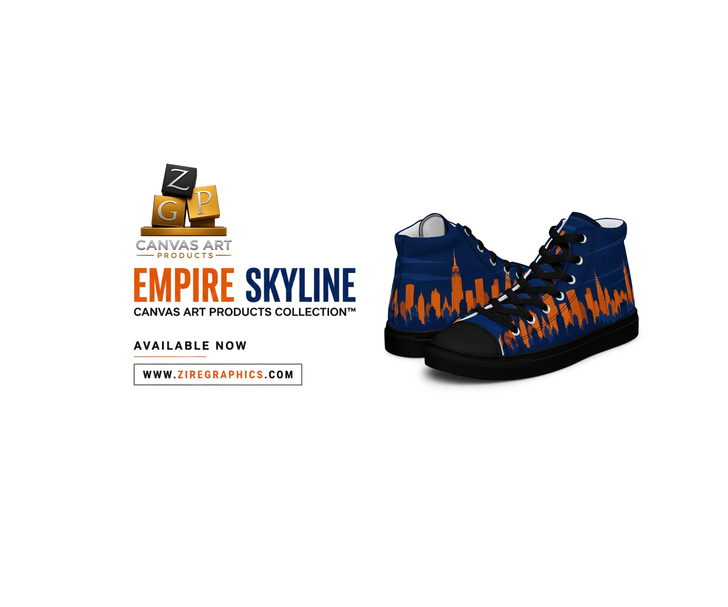 Blue sneakers with orange skyline pattern and black laces, positioned on a white background.