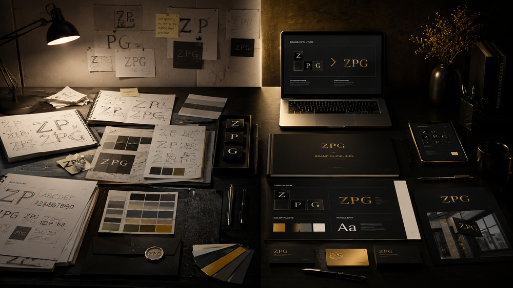 Logo design concept presentation with sketches, typography and stationery mockups