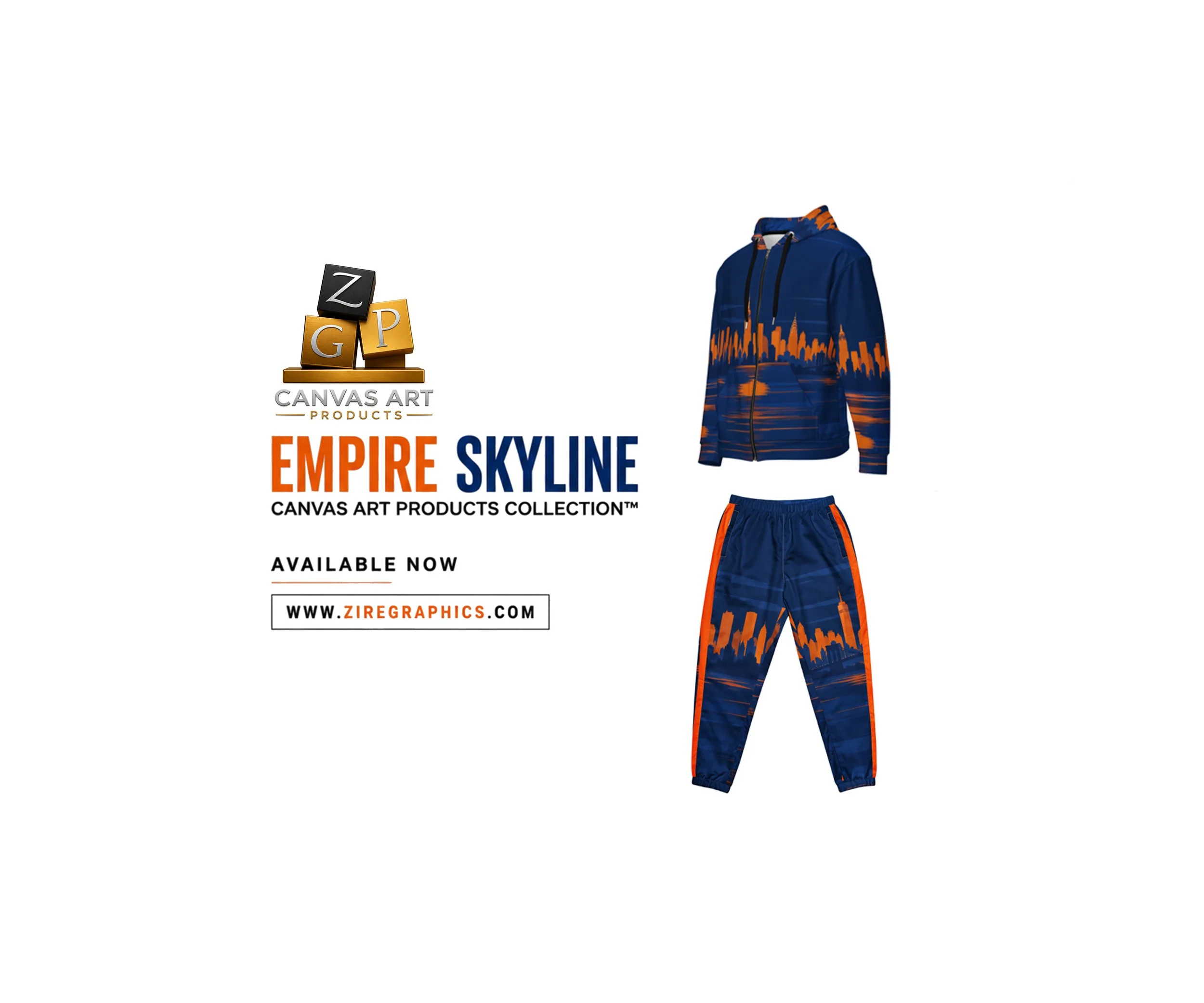 A blue and orange printed tracksuit consisting of a hoodie and matching pants displayed on a mannequin.