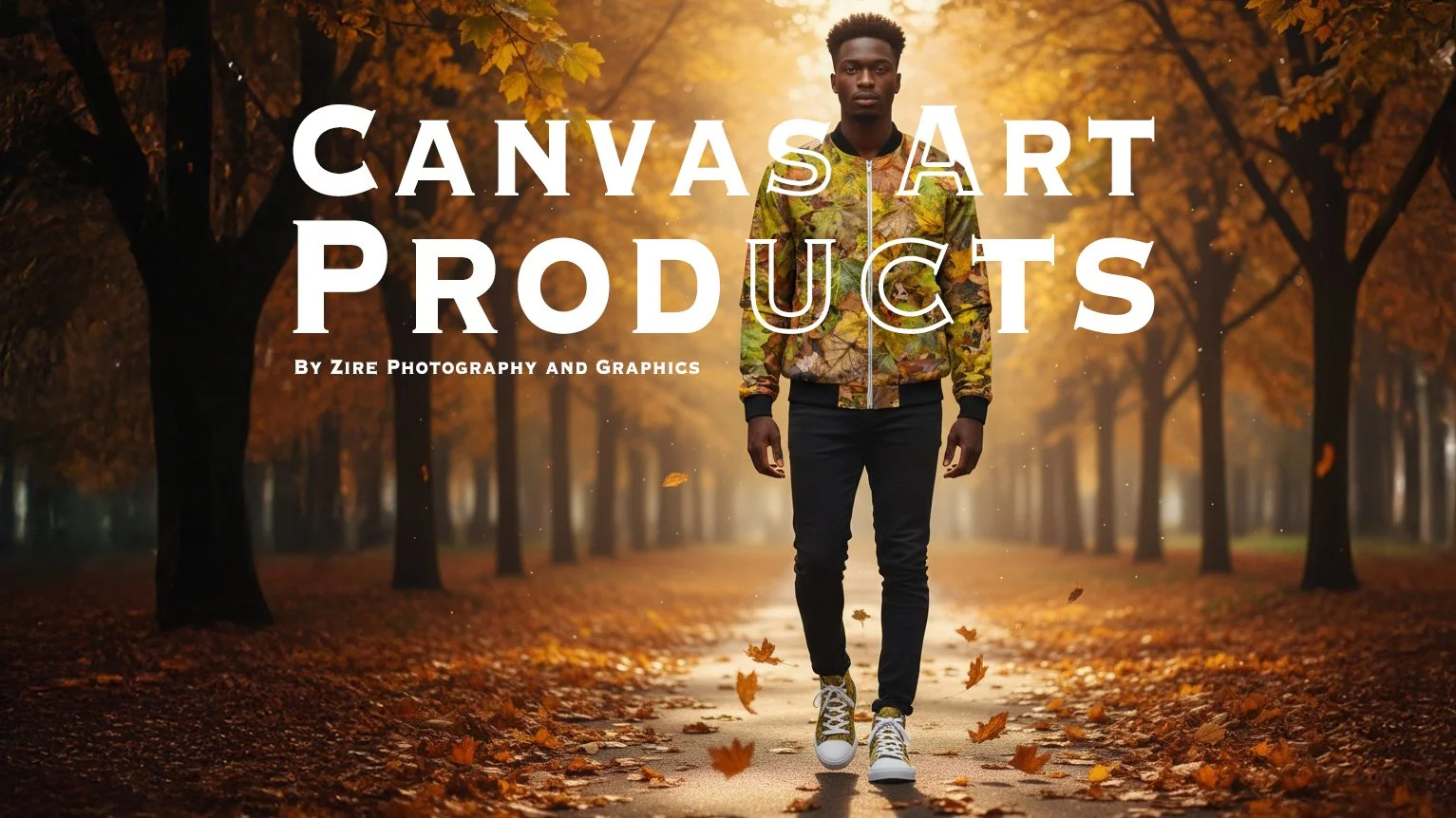 A young man walking on a tree-lined path during autumn, surrounded by falling leaves, with sunlight filtering through the trees; overlaid text promotes Canva Art Products by Zire Photography and Graphics.
