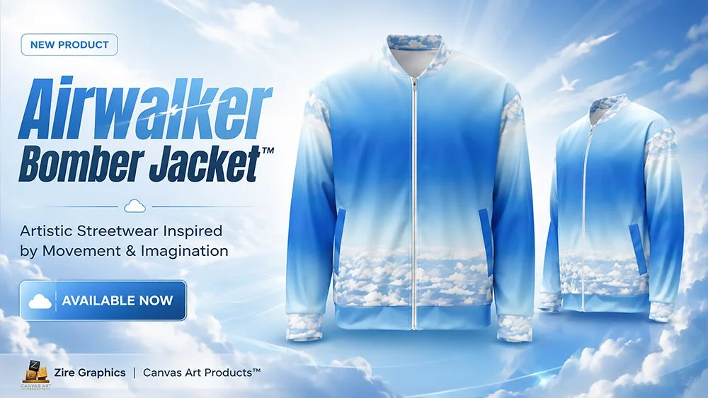 Advertisement for the Airwalker Bomber Jacket featuring a sky and clouds print, with two jackets displayed against a sky background.
