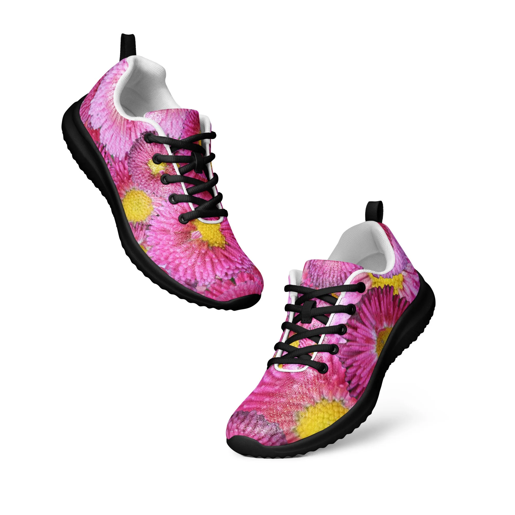 Pink Aster Daisy Floral Athletic Sneakers for Women - Black