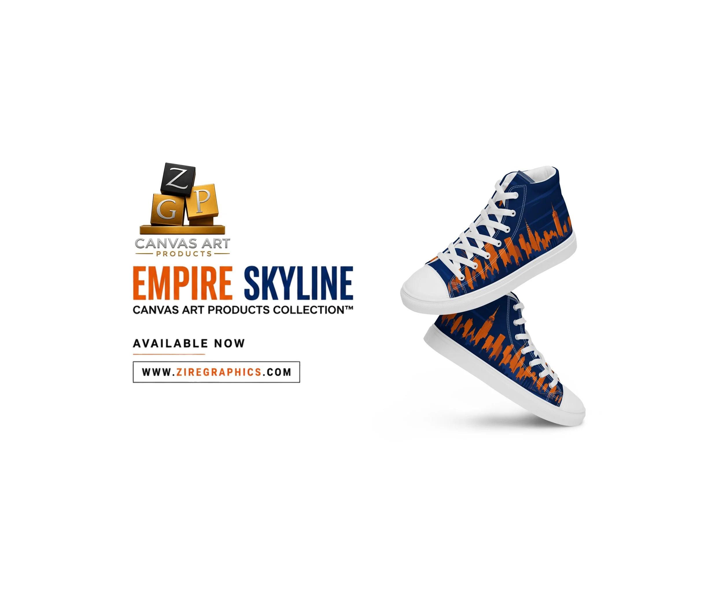 A pair of sneakers with a city skyline and skyline logo design on the sides, featuring blue and orange colors, white laces, and a white sole.