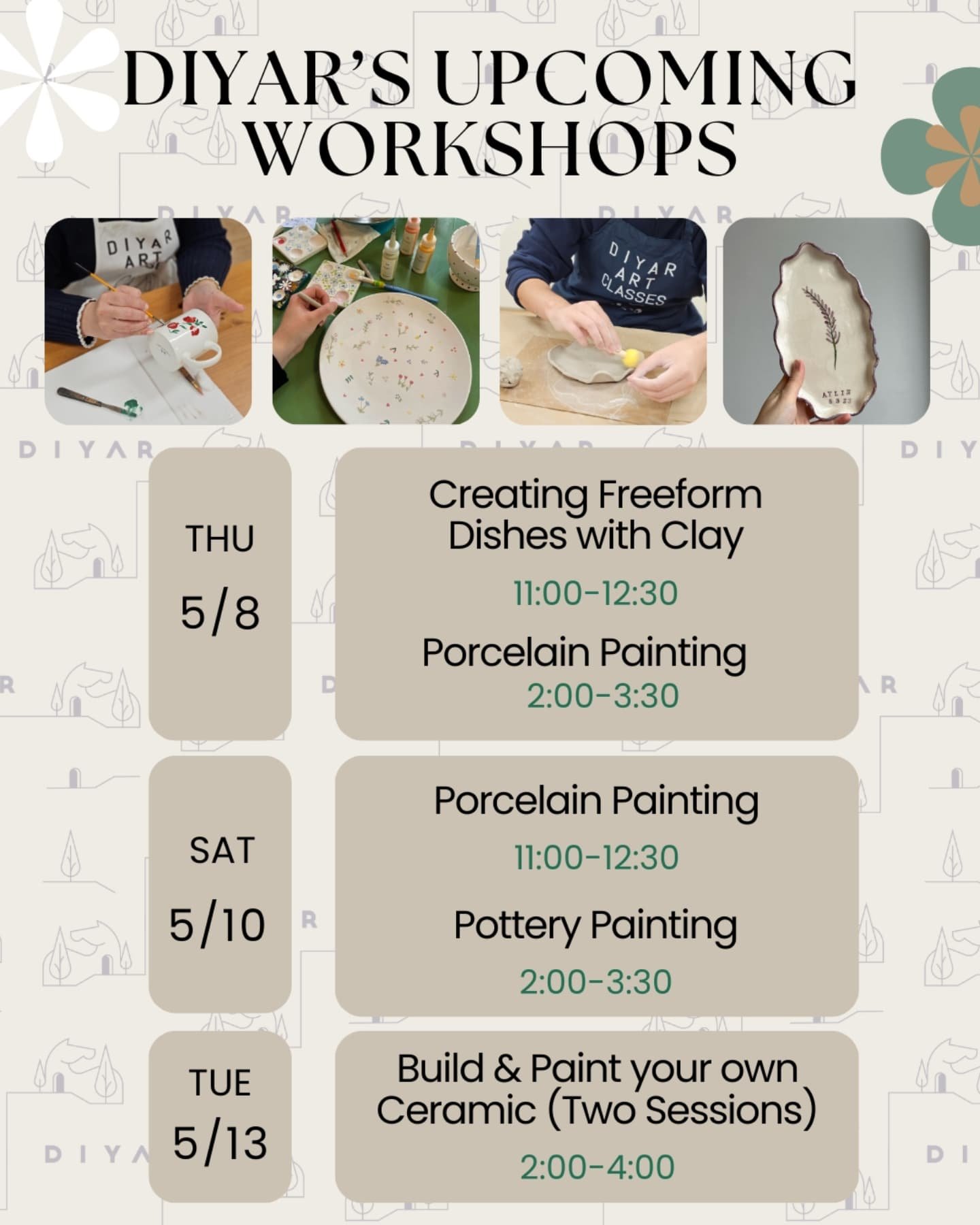 Art has a beautiful way of bringing people together—and we’re excited to welcome you to our upcoming workshops at Diyar!
Whether you're looking to explore a new skill or simply enjoy a creative afternoon, our art classes are designed to i