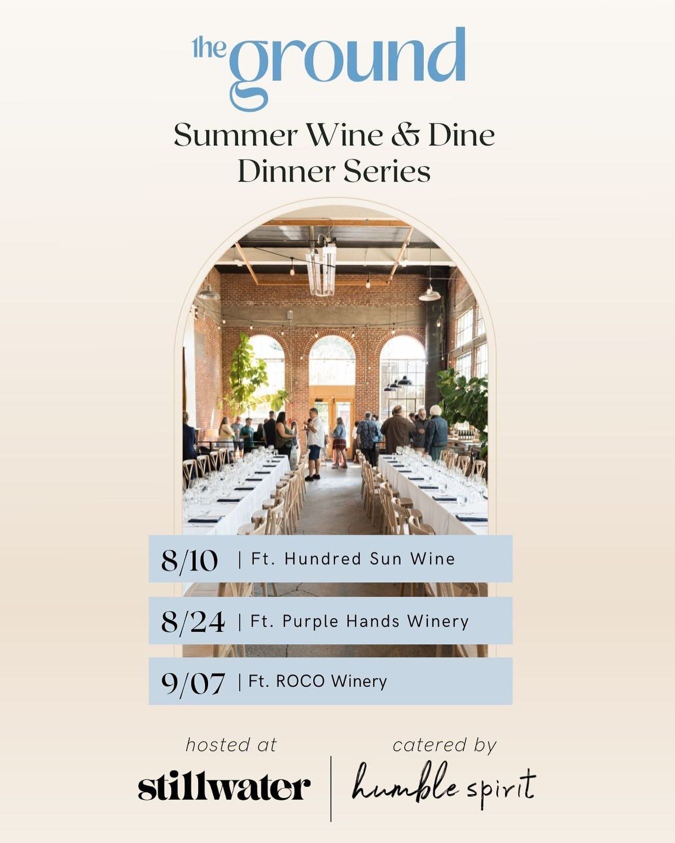 Experience a memorable evening at @stillwaterevents.love, our historic downtown McMinnville venue, with our Summer Wine &amp; Dine Dinner Series. 

Enjoy a family-style wine-paired dinner crafted by Culinary Director, Chef Brett Uniss and @humblespir