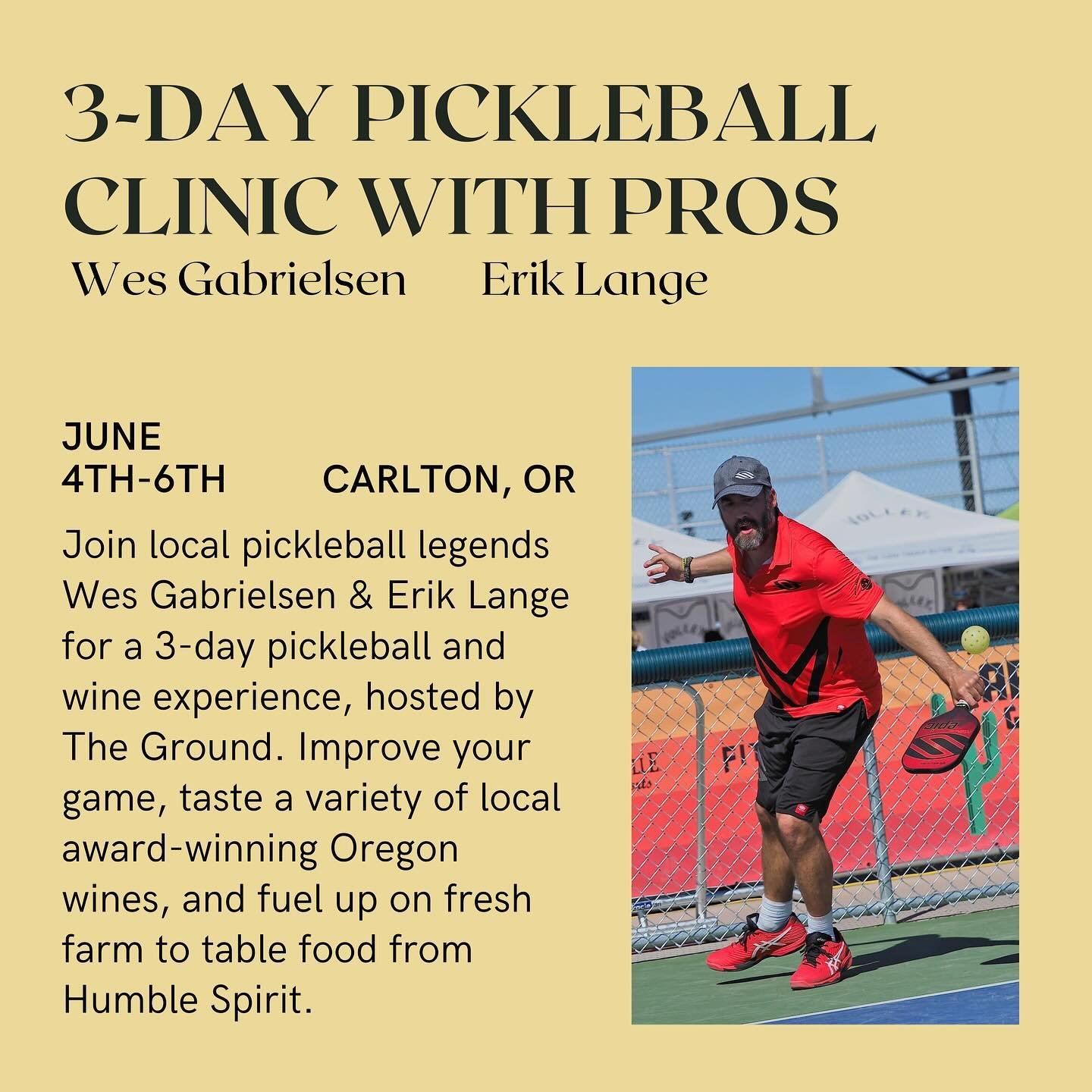 Pickleball &amp; wine lovers&mdash; we have the event for you! 

Join pickleball legends Wes Gabrielsen &amp; Eric Lange for a 3-day pickleball and wine experience! Open to all skill levels. Reserve your spot today ✨